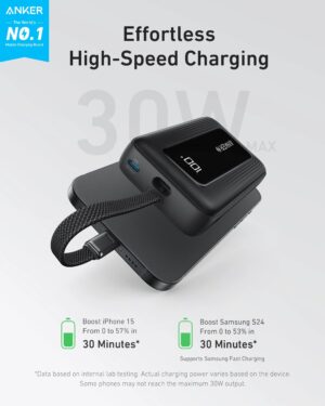 باور بانك 10000 مللي أمبير 30 وات مع كابل USB-C مدمج، من أنكر، أسود A1688H11 - Image 3