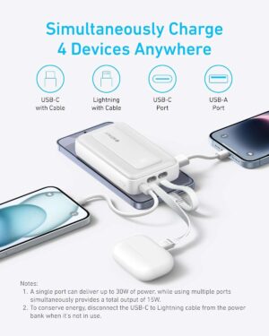 باور بانك 10000 مللي أمبير 30 وات مع كابل USB-C مدمج، من أنكر، أبيض A1688H21 - Image 3