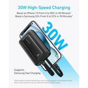 باور بانك 10000 مللي أمبير 30 وات مع كابل USB-C + لايتنينج مدمج، من أنكر، أسود A1680H11 - Image 3