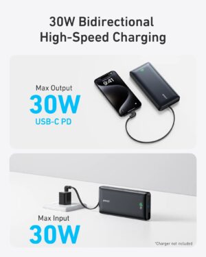 باور بانك نانو 20000 مللي أمبير 30 وات مع كابل USB-C مدمج، من أنكر، أسود A1387H11 - Image 3