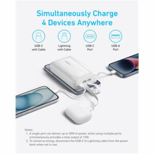 باور بانك زولو 20000 مللي أمبير 30 وات مع كابل USB-C + لايتنينج مدمج، من أنكر، أبيض A1681H21 - Image 3